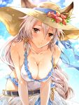  1girl animal_ears bare_shoulders breasts brown_eyes cleavage covered_navel erun_(granblue_fantasy) flower granblue_fantasy hair_between_eyes hair_tubes hanging_breasts hat hat_flower heles highres large_breasts leaning_forward looking_at_viewer one-piece_swimsuit raimu_(yuzu-raimu) sarong silver_hair solo sun_hat swimsuit white_swimsuit 