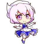  1girl apron bloomers blue_shoes blue_skirt blue_vest blush_stickers chibi eyebrows eyebrows_visible_through_hair full_body hat juliet_sleeves lavender_eyes lavender_hair letty_whiterock long_sleeves lowres puffy_sleeves shinobu_shinobu shoes short_hair simple_background skirt smile solo touhou underwear waist_apron white_apron white_background white_hat 