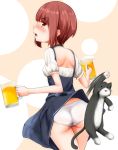  &gt;:d 1girl :d alcohol alternate_costume animal ass assisted_exposure auburn_hair bangs beer beer_mug blue_dress blunt_bangs blush brown_eyes cat cowboy_shot dirndl dress embarrassed eyebrows eyebrows_visible_through_hair frilled_sleeves frills german_clothes highres kantai_collection looking_back maple_takoyaki motion_blur no_headwear open_mouth panties paws short_hair short_sleeves shoulder_blades smile solo standing underwear unsinkable_sam upskirt white_panties z3_max_schultz_(kantai_collection) 