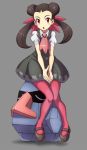  1girl black_shoes brown_hair dress full_body grey_background grey_dress hair_ornament highres looking_at_viewer mary_janes nosepass open_mouth pink_legwear pokemon pokemon_(creature) pokemon_(game) pokemon_oras red_eyes shoes tsutsuji_(pokemon) twintails you_(maumauyo) 