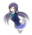  1girl animal_ears black_legwear blue_hair blue_skirt cropped_legs hair_ornament long_hair looking_at_viewer love_live! love_live!_school_idol_project nanotsuki pleated_skirt skirt smile solo thigh-highs toujou_nozomi white_legwear 