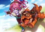  1girl absurdres alternate_costume alternate_hair_color artist_name barefoot blue_skin blue_sky dragon dragon_tamer_tristana fur_trim grass highres jewelry lan_sing league_of_legends necklace open_mouth outdoors pointy_ears purple_hair running signature sky tristana yordle 