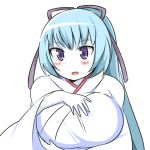  1girl aoi_(gegege_no_kitarou) breasts gegege_no_kitarou hair_ribbon hands_on_own_chest huge_breasts japanese_clothes mikagelove miko open_mouth pale_skin ponytail ribbon yuki_onna 