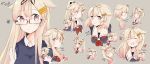  &gt;:) 1girl alternate_hair_length alternate_hairstyle bespectacled blonde_hair bow closed_eyes fang glasses gradient_hair grey_background hair_bow hair_flaps hair_ornament hair_over_one_eye highres ibuki_(ibukiro1003) kantai_collection long_hair looking_at_viewer multicolored_hair multiple_views open_mouth ponytail portrait red_eyes redhead remodel_(kantai_collection) sailor_collar school_uniform serafuku shigure_(kantai_collection) shigure_(kantai_collection)_(cosplay) short_hair simple_background smile tongue twintails yuudachi_(kantai_collection) 