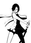  1girl black_hair blending dogs:_bullets_&amp;_carnage drawing_sword fuyumine_naoto glint hair_between_eyes katana looking_at_viewer monochrome sate scarf short_hair simple_background skirt solo sword weapon white_background 