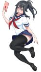  absurdres black_eyes black_hair black_shoes full_body hair_flaps happy high_ponytail highres holding letter loafers official_art open_mouth pleated_skirt ponytail round_teeth school_uniform serafuku shoes short_sleeves skirt smile teeth transparent_background yandere yandere-chan yandere_simulator 
