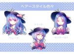  1girl :d :o alternate_hairstyle bangs blue_hair bow bowtie food food_on_head fruit fruit_on_head hat hinanawi_tenshi long_hair looking_at_viewer no_bangs object_on_head open_mouth peach red_eyes short_hair smile smug straight_hair t.m_(aqua6233) touhou translated upper_body wavy_hair 