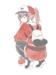  1girl angelo_(gomahangetsu) ass female_protagonist_(pokemon_go) green_eyes hat highres long_hair looking_at_viewer poke_ball pokemon pokemon_go ponytail pout shorts simple_background solo squatting white_background 