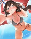  1girl all_fours ass_visible_through_thighs beach beach_umbrella bikini black_bikini black_gloves black_hair blue_eyes blush bow braid breasts day fingerless_gloves fisheye foreshortening from_below front-tie_bikini front-tie_top gloves hair_between_eyes hair_bow hair_ornament kantai_collection looking_at_viewer medium_breasts navel nose_blush outdoors parted_lips shigure_(kantai_collection) side-tie_bikini single_braid solo spread_legs sweat swimsuit umbrella yakitomeito 