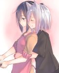  2girls animal_ears apron black_hair closed_eyes closed_mouth commentary_request cooking eyebrows from_side highres hug hug_from_behind kyoo-kyon_(kyo-kyon) multiple_girls original suzunari_arare suzunari_shizuku upper_body white_hair yuri 