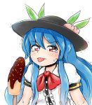  1girl banana blue_hair blush chocolate_banana commentary embarrassed food food_on_head fruit fruit_on_head hat hinanawi_tenshi king_(ougon_kingyo-bachi) long_hair looking_at_viewer object_on_head peach red_eyes sexually_suggestive solo sprinkles sweat tears tongue tongue_out touhou trembling very_long_hair 
