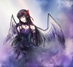  1girl akemi_homura akuma_homura argyle argyle_legwear bangs bare_shoulders black_dress black_hair blunt_bangs choker closed_mouth dress elbow_gloves feathered_wings gloves hair_ribbon hairband long_hair mahou_shoujo_madoka_magica mahou_shoujo_madoka_magica_movie qiongsheng red_ribbon ribbon solo very_long_hair violet_eyes wings 