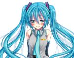  1girl aqua_eyes aqua_hair arms_behind_back blush detached_sleeves hatsune_miku kotobuki0101 long_hair looking_down necktie simple_background smile solo twintails upper_body very_long_hair vocaloid white_background 