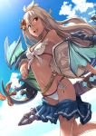  1girl :d belt bikini blush breasts clouds dark_skin day dragon flower granblue_fantasy hair_flower hair_ornament highres hika_(hikara) long_hair looking_at_viewer navel open_mouth outdoors ribbon scabbard sheath side-tie_bikini silver_hair sketch skirt sky small_breasts smile solo swimsuit sword the_order_grande weapon white_bikini 