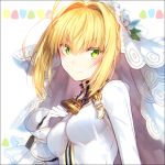  1girl blush breasts bridal_veil fate/extra fate/extra_ccc fate_(series) gloves green_eyes hakusai_(tiahszld) looking_at_viewer saber_bride saber_extra smile solo veil white_gloves 