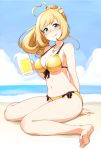  1girl :p ahoge arm_behind_back barefoot beach beer_mug bikini blush breasts cleavage clouds day green_eyes hatakenaka_(kamagabuchi) heart_ahoge highres idolmaster idolmaster_cinderella_girls long_hair nose_blush outdoors ponytail satou_shin shore sitting sky smile solo swimsuit tongue tongue_out wariza 