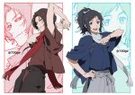  1672 2boys anime_coloring arms_up black_hair blue_eyes brown_hair earrings hand_on_hip japanese_clothes jewelry kashuu_kiyomitsu male_focus mole mole_under_eye mole_under_mouth multiple_boys nail_polish open_mouth ponytail red_eyes red_nails scarf smile touken_ranbu yamato-no-kami_yasusada zoom_layer 