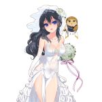  1girl :o bird black_hair blue_eyes bouquet breasts bridal_veil character_request cleavage contrapposto cowboy_shot dress elbow_gloves flower gloves highres holding jewelry kusaka_souji large_breasts long_hair looking_at_viewer necklace official_art owl solo sparkle strapless strapless_dress transparent_background uchi_no_hime-sama_ga_ichiban_kawaii veil wedding_dress white_gloves 