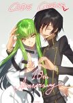  1boy 1girl :d ^_^ anniversary belt black_hair c.c. closed_eyes code_geass commentary_request copyright_name couple creayus english green_hair index_finger_raised lelouch_lamperouge long_hair long_sleeves open_mouth school_uniform short_hair smile straitjacket twitter_username upper_body wide_sleeves yellow_eyes 