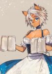  1girl :o alcohol animal_ears apron bare_shoulders beer beer_mug blue_eyes breasts carrying cat_ears choker cleavage collarbone cowboy_shot dark_skin dirndl doraeshi facial_mark final_fantasy final_fantasy_xi german_clothes head_tilt highres lavender_background light_particles looking_at_viewer mithra short_hair silver_hair simple_background sketch solo underbust waist_apron 