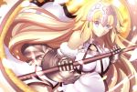  armor bare_shoulders blonde_hair blue_eyes breasts chain choker fate/grand_order fate_(series) fur_trim gauntlets gorget highres large_breasts long_hair looking_at_viewer paperfinger ruler_(fate/grand_order) standard_bearer 
