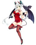 1girl bat bat_wings bracelet breasts cleavage demon_horns demon_tail demon_wings expressionless green_eyes high_heels highres horns jewelry kure_masahiro long_hair looking_at_viewer necklace official_art pencil_skirt sashou_urara side_slit simple_background skirt solo tail thigh-highs twintails valkyrie_drive white_background white_hair wings 
