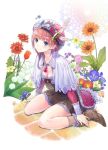  1girl atelier_(series) atelier_rorona atelier_totori blue_eyes boots brown_dress cape capelet dress flower frills full_body hat kishida_mel long_hair long_sleeves looking_at_viewer pink_hair rororina_fryxell simple_background skirt smile solo 