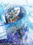  1girl armor artist_request axe belka_(fire_emblem_if) blizzard blue_hair copyright_name dragon fire_emblem fire_emblem_cipher fire_emblem_if gauntlets green_eyes headband holding holding_axe holding_weapon ice iceberg looking_at_viewer pauldrons pink_sclera short_hair snow spikes weapon wyvern 