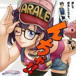  1boy 1girl bent_over black_hair blue_eyes bow bowtie breasts cleavage covered_nipples dr._slump earrings glasses gloves hand_on_hip hat highres jewelry lips medium_breasts nail_polish necklace norimaki_arale norimaki_gajira obotchaman older one_eye_closed overalls purple_hair purple_nails shimura_kenshirou smile stick stud_earrings tattoo text thigh-highs translation_request vest watermark white_gloves 