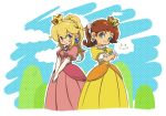  2girls blonde_hair brown_hair clouds crossed_arms crown dress earrings elbow_gloves flower flower_earrings gloves green_eyes hair_flower hair_ornament jewelry super_mario_bros. multiple_girls oto pink_dress ponytail princess_daisy princess_peach smile super_mario_bros. super_mario_land white_gloves yellow_dress 
