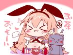  &gt;_&lt; 1girl :3 animal_ears blonde_hair blush_stickers bowl chibi chopsticks closed_eyes commentary_request crop_top elbow_gloves food food_on_face gloves gyuudon hairband heart kantai_collection lifebuoy midriff navel rabbit_ears rensouhou-chan sako_(bosscoffee) shimakaze_(kantai_collection) shirt sitting sketch sleeveless sleeveless_shirt smile striped striped_legwear thigh-highs translation_request waving_arm waving_arms x3 