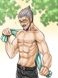  1boy abs beard belt dangan_ronpa dangan_ronpa_3 facial_hair glasses grey_hair looking_at_viewer muscle mustache old_man solo tengan_kazuo topless towel yamamori_taro 