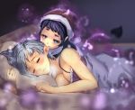  2girls @_@ alternate_costume bare_shoulders biting blue_eyes blue_hair blush breasts camisole check_commentary cleavage closed_eyes closed_mouth commentary_request doremy_sweet dream_soul dress ear_biting hat heavy_breathing highres kikimifukuri kishin_sagume large_breasts looking_at_another multiple_girls nightcap short_hair silver_hair sleeping sweat tapir_tail touhou under_covers 
