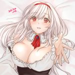  1girl anna_(sennen_sensou_aigis) ascot blush breasts cleavage dated detached_collar hairband large_breasts long_hair lowres miniru on_bed outstretched_arm parted_lips reaching red_eyes sennen_sensou_aigis solo white_hair 