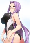  1girl armpit_peek ass bare_arms bare_shoulders black_swimsuit blush breasts commentary_request competition_swimsuit covered_nipples cowboy_shot fate/stay_night fate_(series) from_side hair_intakes large_breasts long_hair looking_at_viewer looking_to_the_side nose_blush one-piece_swimsuit pink_eyes purple_hair rider solo sweat swimsuit twitter_username very_long_hair yanagi_(tsukiakari) 