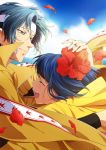  1boy 1girl blue_hair chikariya closed_eyes couple doki_doki_survival flower glomp hair_flower hair_ornament headband hetero hug short_hair smile tennis_no_ouji-sama tsujimoto_ayaka yukimura_seiichi 