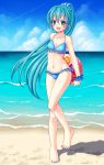  1girl :d alternate_hairstyle aqua_eyes aqua_hair ball beach beachball bikini blue_bikini clouds full_body hatsune_miku highres kotobuki0101 long_hair looking_at_viewer navel ocean open_mouth ponytail sand scrunchie smile solo swimsuit toenail_polish very_long_hair vocaloid water 