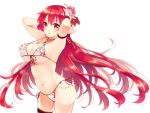  1girl armpits bikini breasts cattleya_(flower_knight_girl) cowboy_shot flower flower_knight_girl frills front-tie_bikini front-tie_top hair_flower hair_ornament houzuki_michiru large_breasts long_hair looking_at_viewer navel orchid red_eyes redhead side-tie_bikini smile solo swimsuit white_background 