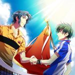  2boys blue_hair chikariya echizen_ryooma flag green_hair handshake headband multiple_boys net short_hair sportswear sweat tennis_no_ouji-sama tennis_uniform yukimura_seiichi 