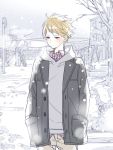  1boy blonde_hair blush brown_eyes coat hands_in_pockets hood hoodie kanbara_akihito kyoukai_no_kanata nmunco short_hair snowing 