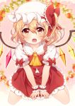  1girl ascot between_legs blonde_hair fang flandre_scarlet flower food fruit hand_between_legs hat hat_ribbon highres kurono_kito leaf leaf_background looking_at_viewer mob_cap open_mouth pink_background puffy_short_sleeves puffy_sleeves red_eyes ribbon short_hair short_sleeves side_ponytail sitting skirt skirt_set solo strawberry touhou wariza wings wrist_cuffs 