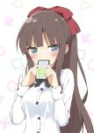  1girl aqua_eyes blush bow breasts brown_hair cellphone covering_mouth dress_shirt emoticon hair_bow hair_ribbon jpeg_artifacts long_hair new_game! peko phone red_bow red_ribbon ribbon shirt smartphone solo takimoto_hifumi text_messaging translation_request upper_body 
