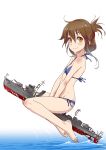  1girl bare_legs bare_shoulders bikini brown_hair flat_chest folded_ponytail inazuma_(destroyer) inazuma_(kantai_collection) kantai_collection long_hair looking_at_viewer mujuuryoku_kantai namesake navel side-tie_bikini sitting smile solo swimsuit water yellow_eyes 