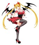  1girl :o black_legwear blonde_hair breasts character_request cleavage demon_horns demon_tail fake_horns halterneck high_heels highres horns kure_masahiro large_breasts leg_lift official_art simple_background skirt skirt_lift solo tail thigh-highs twintails valkyrie_drive white_background wings wrist_cuffs yellow_eyes 