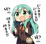  1girl :d ascot bangs blazer blush brown_jacket buttons chibi clenched_hands collared_shirt eyebrows eyebrows_visible_through_hair green_eyes green_hair hair_ornament hairclip jacket kanikama kantai_collection long_hair long_sleeves lowres motion_lines open_mouth orange_ascot shirt shoulder_pads simple_background smile solo suzuya_(kantai_collection) tareme text translation_request upper_body very_long_hair white_background white_shirt wing_collar 