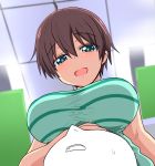  1boy 1girl blush breasts brown_hair eyebrows eyebrows_visible_through_hair from_below green_eyes hair_between_eyes indoors lap_pillow large_breasts looking_down new_game! open_mouth partially_colored shinoda_hajime shirt short_hair smile solo_focus take_(shokumu-taiman) taut_clothes taut_shirt 