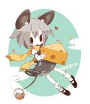  1girl animal animal_ears basket character_name cheese clouds dress grey_hair heart highres jewelry mononomo616 mouse mouse_ears mouse_tail nazrin necklace scarf tail touhou 