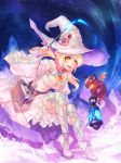  1girl bag bell blonde_hair breasts cleavage_cutout detached_sleeves dragon hat high_heels highres lantern long_hair low_twintails medium_breasts messenger_bag original patipat_asavasena shoulder_bag sitting smile solo thigh-highs twintails wand witch witch_hat yellow_eyes 