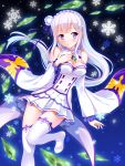  1girl breasts cleavage detached_sleeves dress emilia_(re:zero) eyebrows eyebrows_visible_through_hair flower hair_flower hair_ornament highres long_hair looking_at_viewer medium_breasts pleated_dress pointy_ears re:zero_kara_hajimeru_isekai_seikatsu silver_hair snowflakes solo thigh-highs violet_eyes white_background white_legwear yagami-all_hail_nanao 