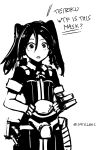  1girl commentary_request english holding_mask kantai_collection long_hair mask monochrome predator predator_(movie) sate simple_background solo tone_(kantai_collection) trait_connection twintails twitter_username white_background 